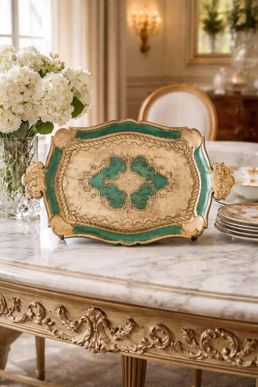 Vintage Florentine Italian Gold and Green Wood Serving Tray Vanity Display